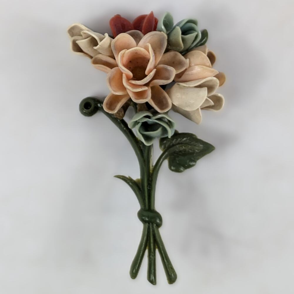 Vintage Floral Bouquet Brooch Porcelain Resin Flower Pin Green Peach Red Blue